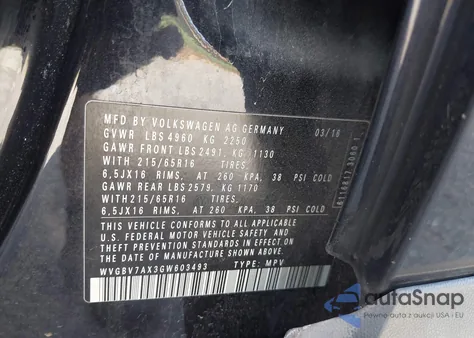 2016 Volkswagen Tiguan S z USA, uszkodzony, nr VIN WVGBV7AX3GW603493